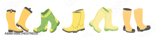 Different colors rain boots collection. Rubber boots autumn concept. Set of gumboots on a white background. Autumn footwear. Vector illustration