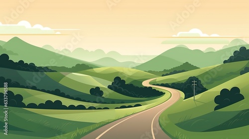 Green Rolling Hills in the Background, Paved Road in the Foreground. AI Generative