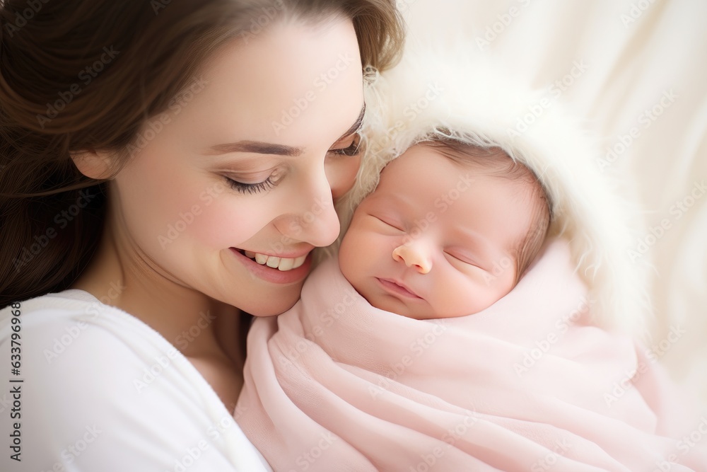Young mother lovingly cradles her newborn baby in her arms Young mother lovingly cradles her newborn baby in her arms