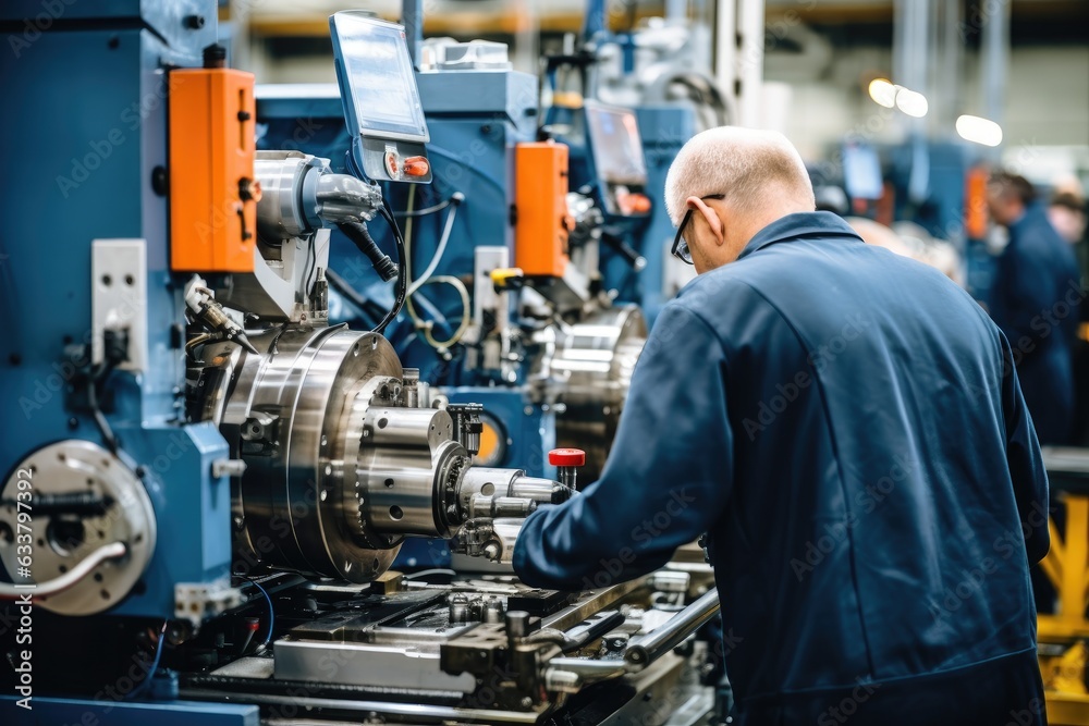 Fototapeta premium Skilled individuals operating various machines in a manufacturing or industrial