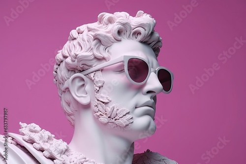 The head of a white mythological statue with fashionable pink glasses on his eyes, frame in profile. 