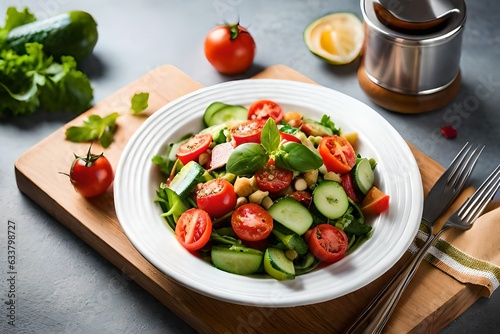 salad with tomatoes, A vibrant salad made from an assortment of fresh greens, juicy tomatoes, and crisp cucumbers