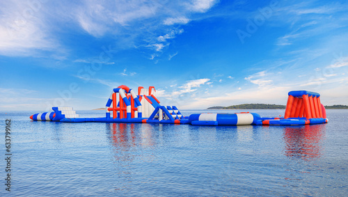 Water inflatable attraction on the sea coast.