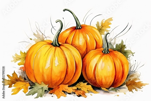 Three pumpkins surrounded by leaves