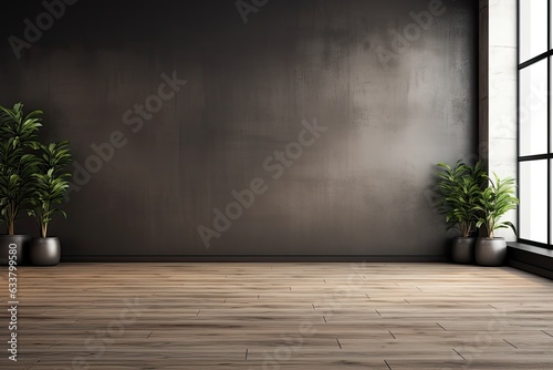 Empty reception room with black and wooden features  grey floor and wall  windows and plant  no people.