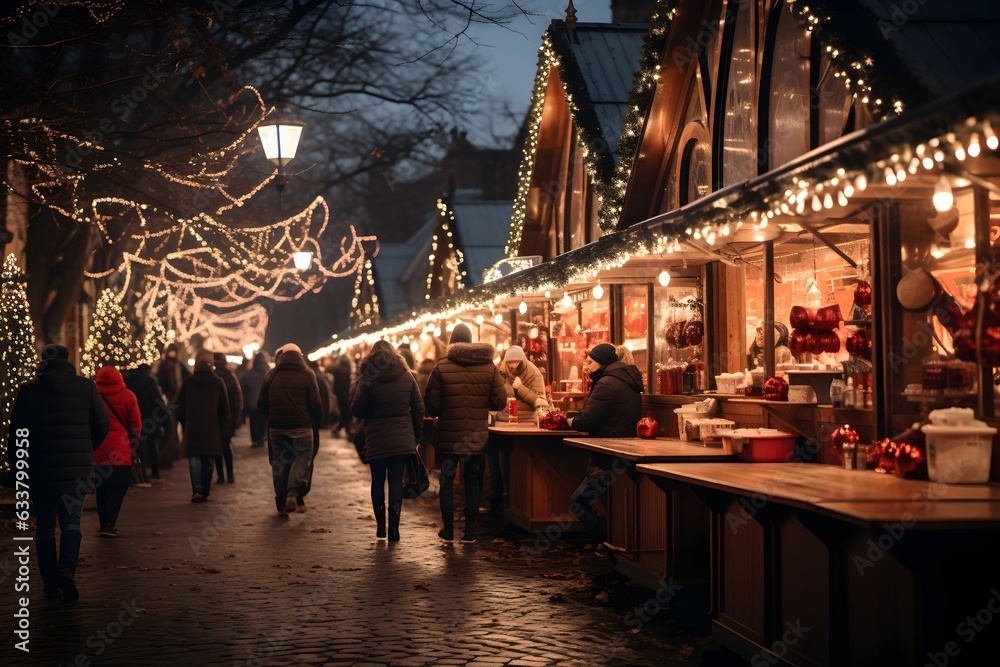 A stunning christmas market in a European city with traditional stalls and architecture. A great place to buy gifts and foods during the festive season. Lots of lights in the evening.