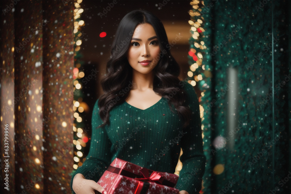 sexy woman holding big present in her hands, christmas