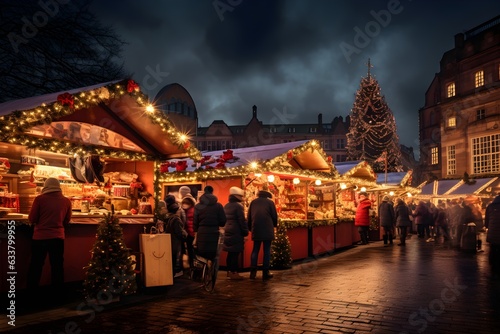 A stunning christmas market in a European city with traditional stalls and architecture. A great place to buy gifts and foods during the festive season. Lots of lights in the evening. Generative AI.