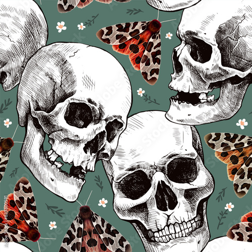 Seamless pattern of hand-drawn human skulls, flowers, and the garden tiger moth or Arctia caja. Beautiful colorful illustration. photo