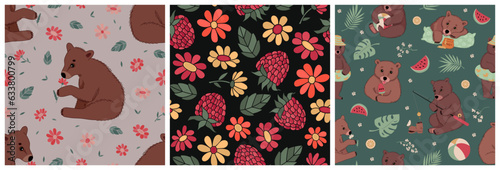 Set of summer seamless patterns with cute little bears with flowers, fruits, and leaves. Hand-drawn colorful flat vector illustration.