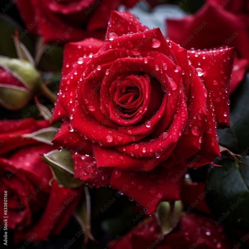 Red roses with water drops on the petals generative ai
