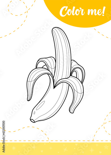 Coloring page for kids with cartoon banana fruit.
A printable worksheet, vector illustration.