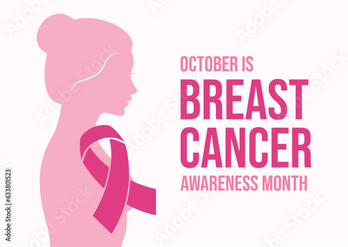 October is Breast Cancer Awareness Month vector illustration. Young woman silhouette and pink cancer awareness ribbon icon vector. Important day