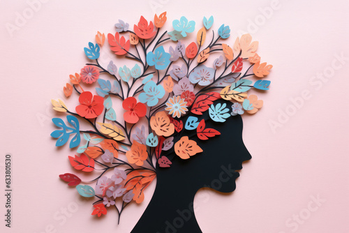 Positive mental health concept. Creative mind with ideas. Blooming woman's head with flowers. Self-care and wellbeing.
