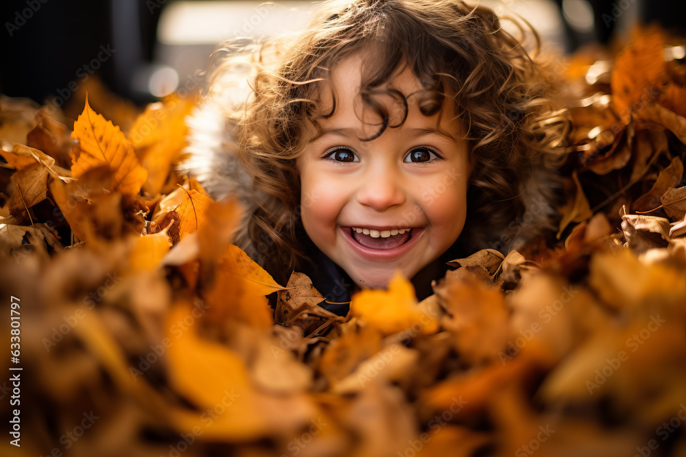 A girl playing in a pile of leaves 