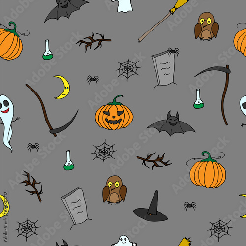Seamless Halloween pattern. Vector illustration of Halloween party. Spider web, spider, ghost, bat, and pumpkin. Vector seamless pattern.