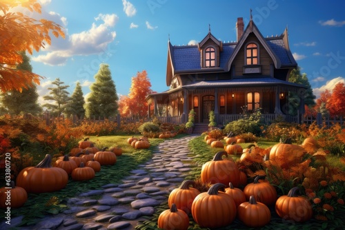 A picturesque autumn scene with a charming house and vibrant pumpkins