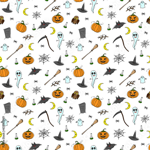 Seamless Halloween pattern. Vector illustration of Halloween party. Spider web, spider, ghost, bat, and pumpkin. Vector seamless pattern.