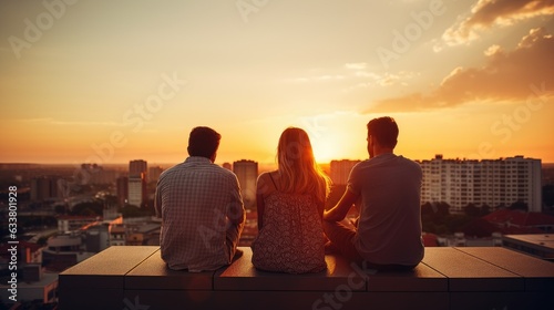 Rear view of young friends sitting together on rooftop at sunset. Generative AI