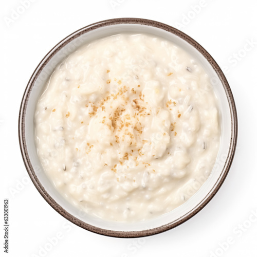 Creamed Rice Porridge cooked top view isolated on white background 