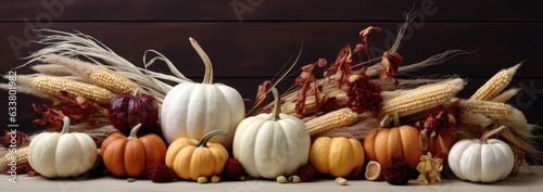 A colorful autumn harvest display with pumpkins and corn on a rustic table