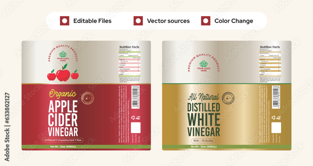 Apple cider vinegar label design, distilled white vinegar label