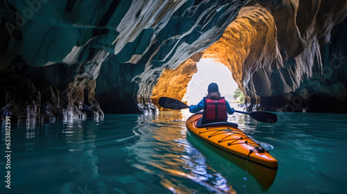 Woman with kayak explores the Marble Caves. Generative AI