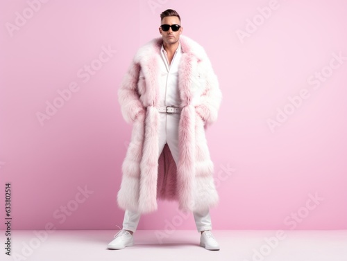 Fullbody portrait of a fictional white man in pink fur coat standing. Pimp guy with sunglasses. Isolated on a plain pink colored background. Generative AI. photo
