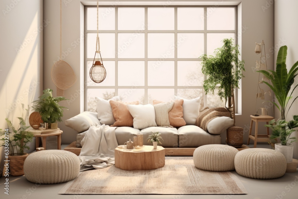 Home decor template featuring modular sofa, beige rug, plants, pouf, coffee table, big window, lamp, and personal accessories.