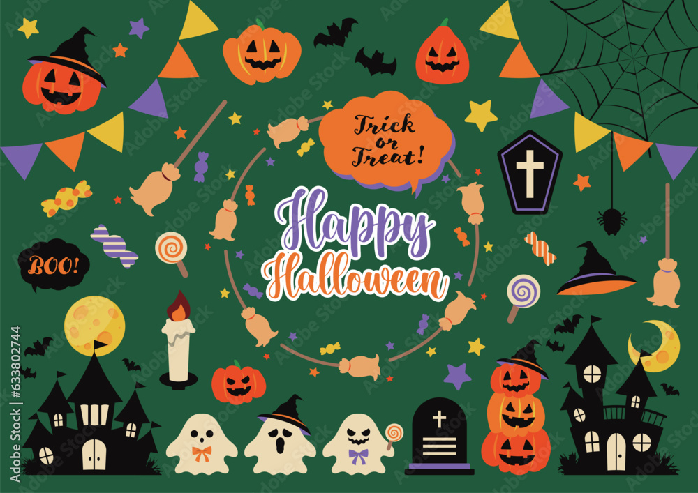 かわいいハロウィンのイラストセット かぼちゃやおばけやコウモリ かわいいハロウィンのイラストセット かぼちゃやおばけやコウモリ