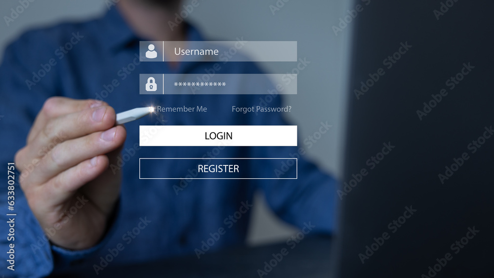 Businessman login security system ,and connect to the internet network ,internet security concept , digital security unlocking or encryption , secure login authorization ,Protecting data from theft. - obrazy, fototapety, plakaty 