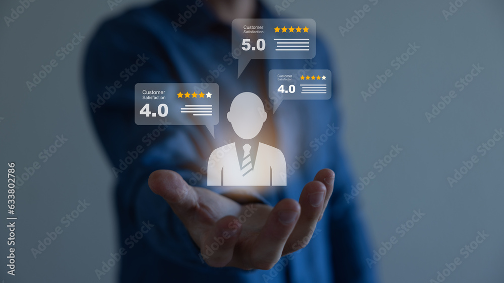 Customer Satisfaction Survey concept, 5-star satisfaction, service experience rating online application, customer evaluation product service quality, satisfaction feedback review, good quality most. - obrazy, fototapety, plakaty 