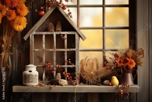 Decorative items for fall on a wooden window, including dried flowers, a pumpkin, and a miniature house, creating a still life in a cozy home.