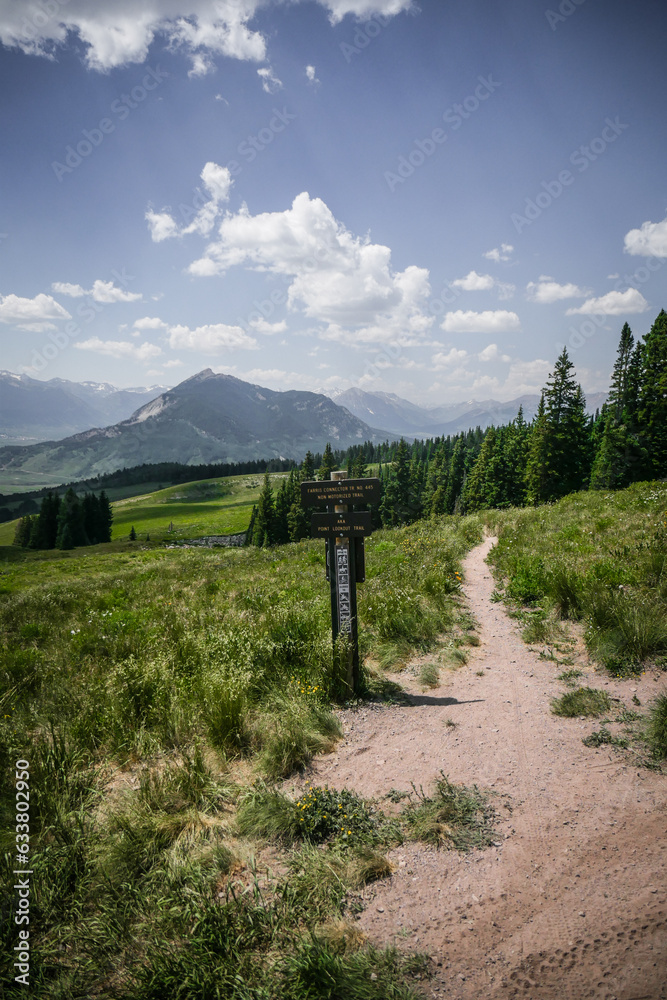 Hiking trail head sign in Gunnison National Forest overlooking meadows and Mount Crested Butte in summer