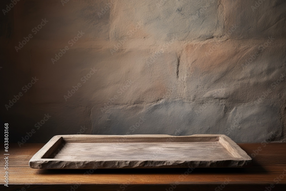 Empty stone tray on wooden tabletop in kitchen for product montage. Empty stone tray on wooden tabletop in kitchen for product montage.