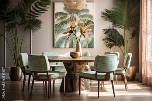 Dining room interior with trendy furniture  tropical touches  and elegant decor.