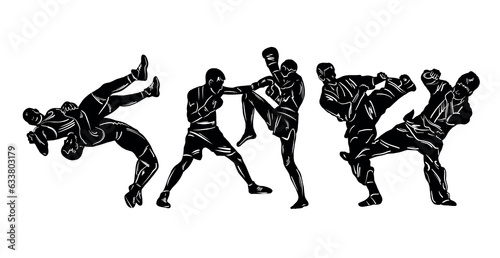 Freestyle wrestling, boxing, kickboxing, muay thai, karate, taekwondo, mixed martial arts vector colorful people silhouettes. Wrestlers, boxers, karatekas.