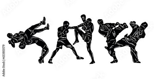 Freestyle wrestling  boxing  kickboxing  muay thai  karate  taekwondo  mixed martial arts vector colorful people silhouettes. Wrestlers  boxers  karatekas.