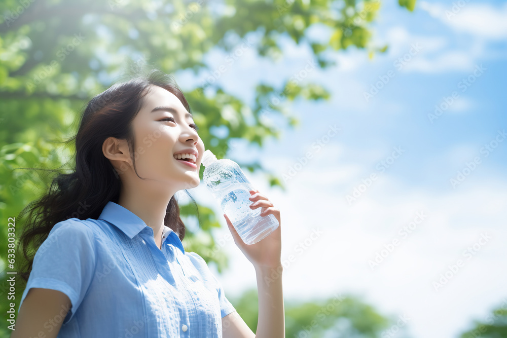 熱中症対策で水を飲む女性 熱中症対策で水を飲む女性