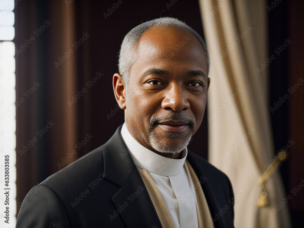Digital portrait of an elderly man, a Catholic priest with a kind humble look on the background of a Catholic church Digital portrait of an elderly man, a Catholic priest with a kind humble look on the background of a Catholic church
