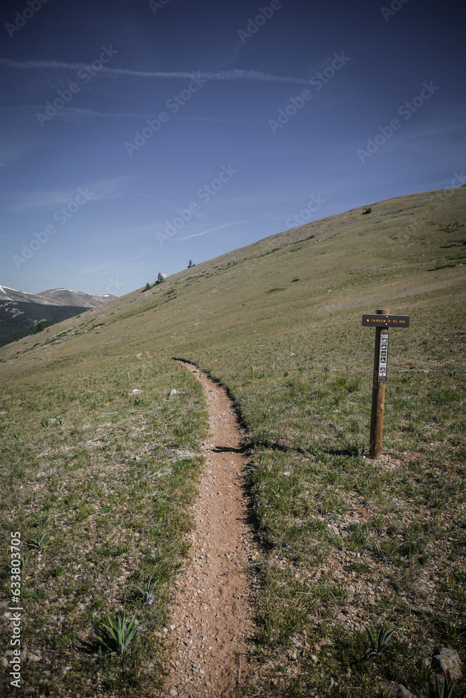 Trail sign in grassy tundra in Rocky Mountains of Colorado in summer with blue skies