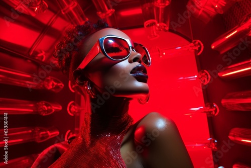 portrait studio shot african american model woman female in lates suit red background neon light ambient woman with makeup stylish hais style and glamour photo shooting fashion concept,ai generate photo