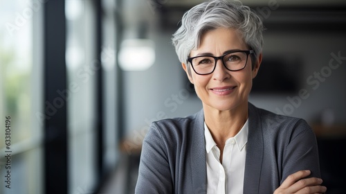 Portrait of a senior businesswoman standing in office. Female entrepreneur with short hair and business casuals looking at camera.,ai generate