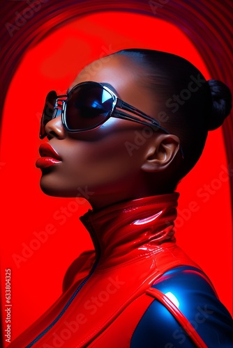 portrait studio shot african american model woman female in lates suit red background neon light ambient woman with makeup stylish hais style and glamour photo shooting fashion concept,ai generate photo