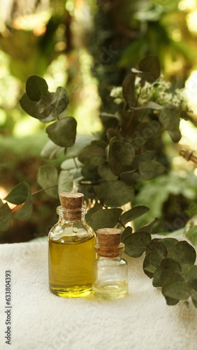 Close up essential oil for aromatherapy. Eucalyptus oil.