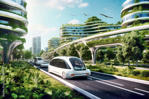 A modern Futuristic urban sustainability landscape and road with electric cars, eco-friendly city with green spaces and rooftop gardens. Concept of Improvement of ecology and air quality