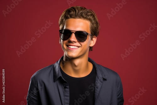 Portrait of a fictional handsome man with sunglasses smiling. Isolated on a plain background. Generative AI. © Tuyres