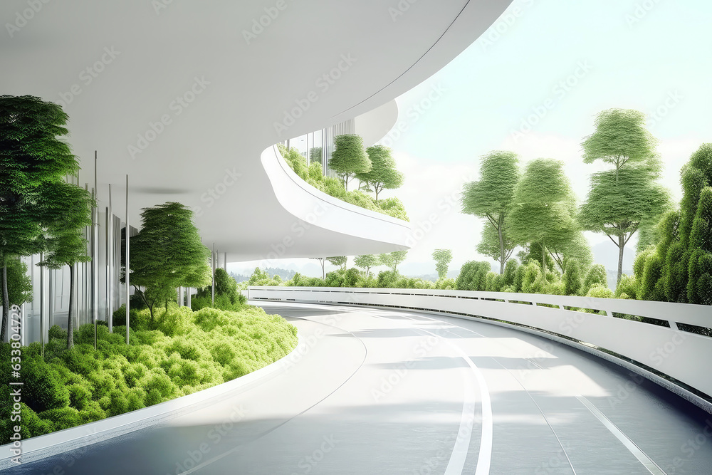 Eco-friendly in a futuristic city of rooftop gardens and road, harmonizing creative minimalistic urban landscape with natural beauty. Concept of creating Innovation future urban environment