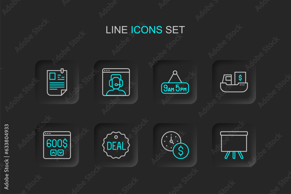 Set line Chalkboard, Time is money, Deal, Monitor with dollar, Cargo ship boxes delivery, From 9 5 job, Telephone 24 hours support and Resume icon. Vector Set line Chalkboard, Time is money, Deal, Monitor with dollar, Cargo ship boxes delivery, From 9 5 job, Telephone 24 hours support and Resume icon. Vector