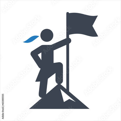 Victorious woman standing on a mountaintop holding a flag icon